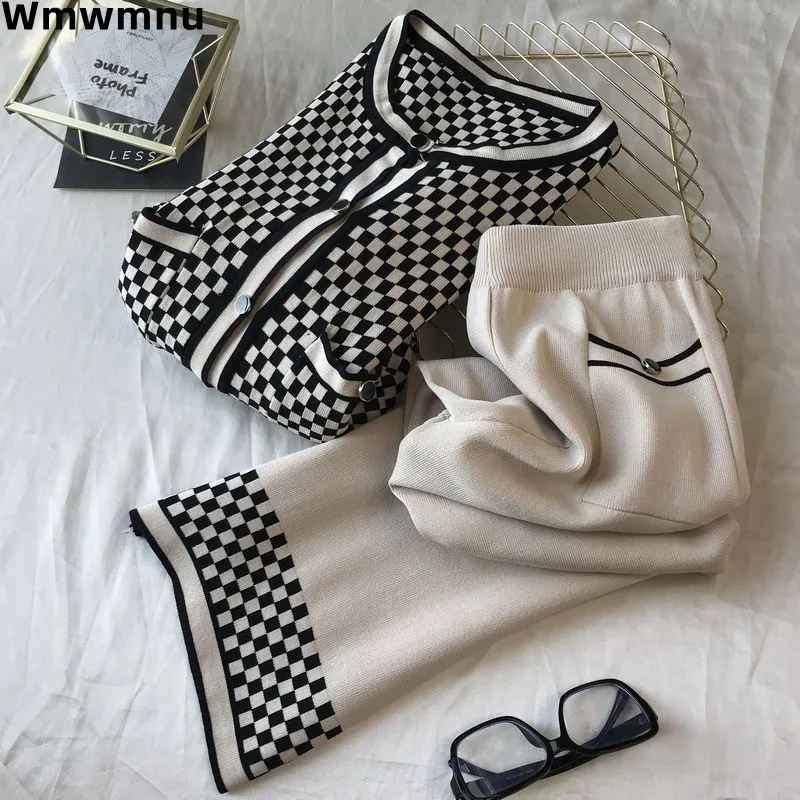 Осенне-зимний клетчатый вязаный женский комплект из 2 предметов повседневный