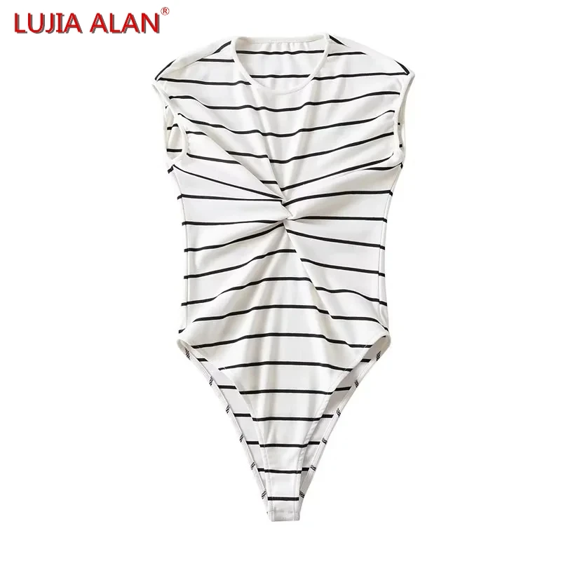 

Summer New Women Twist Knot Design Striped Knitted Bodysuits Casual Female Elastic Pleated Slim Swimsuit Tops LUJIA ALAN T1861