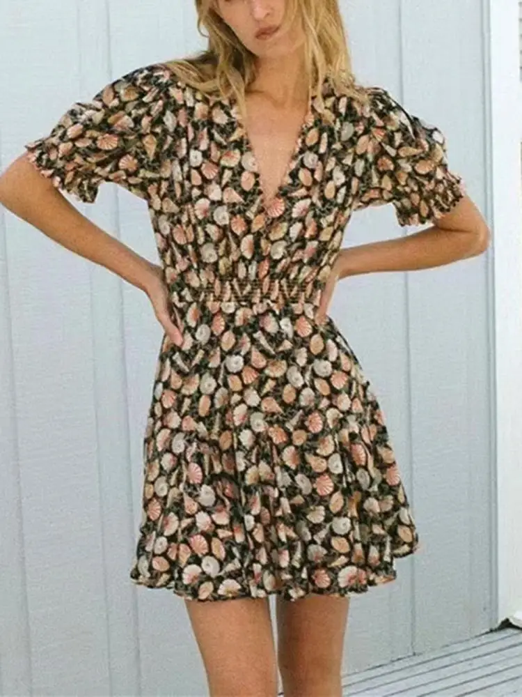 

Женское Короткое или длинное платье с цветочным принтом, облегающее винтажное платье с V-образным вырезом и коротким пышным рукавом, лето 2023