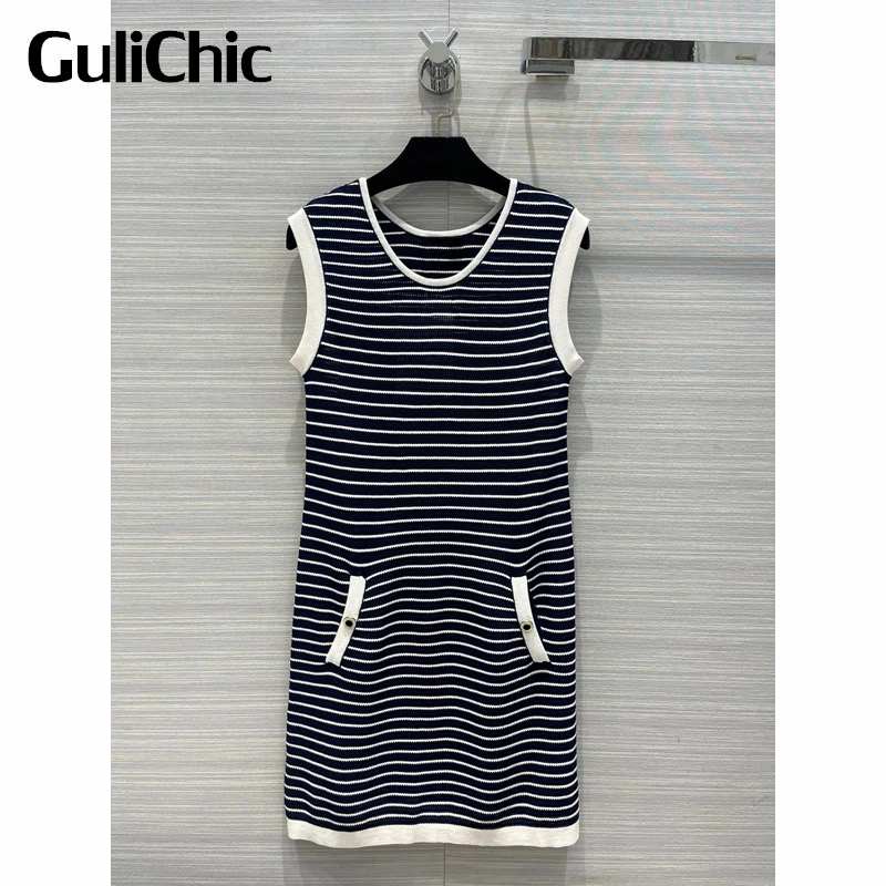 

6.16 GuliChic Women Elegant Temperament Contrast Color Striped Sleeveless Hollow Out Knitted Slim Dress