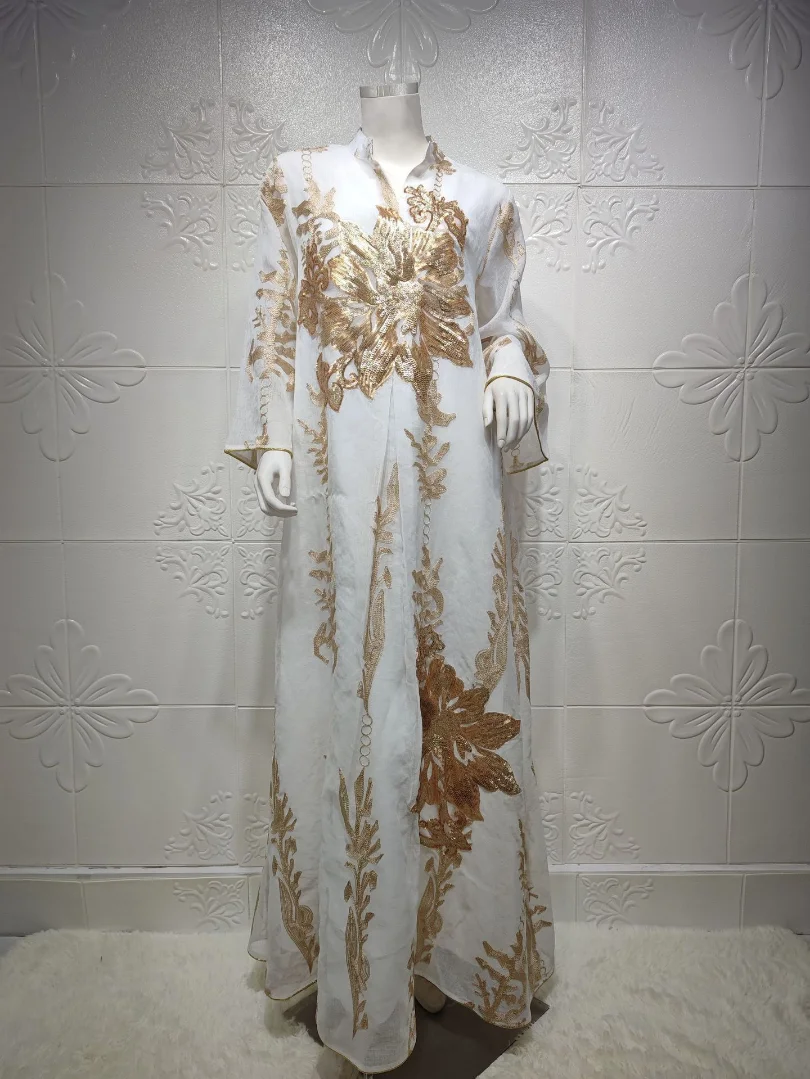 

Muslim Fashion 2023 Muslim Women Long Sleeve V-neck Polyester Sequined Long Abaya Abaya Dubai Abaya Dress Muslim Dresses Women