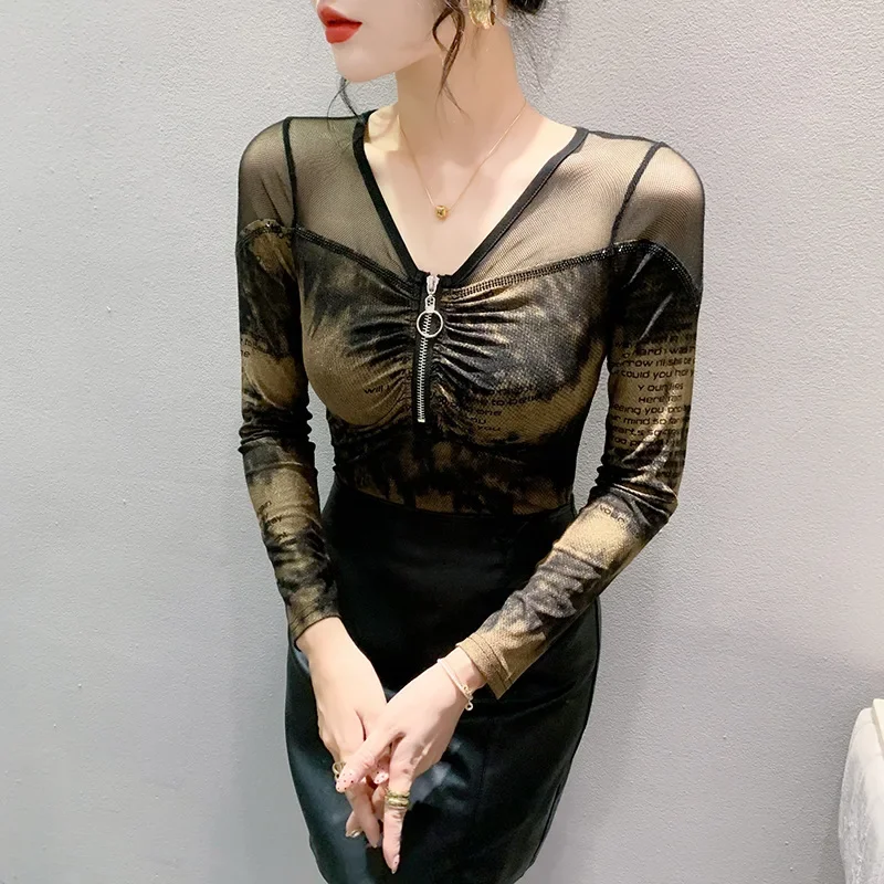 Модная облегающая футболка с круглым вырезом и полой лоскутной сеткой женская