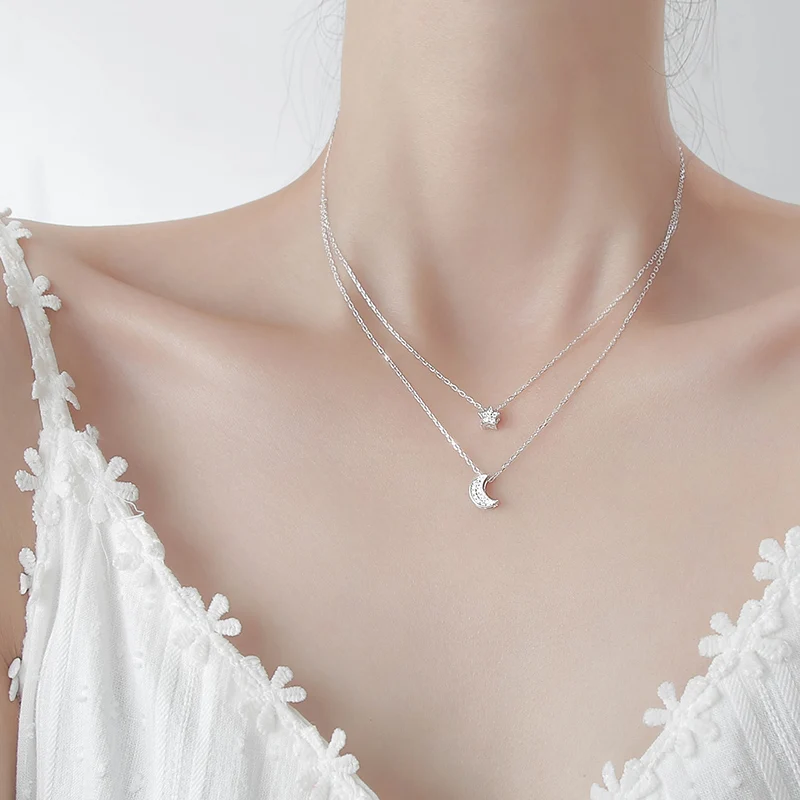 

925 Sterling Silver Star Moon Necklace for Women Double Layer Elegant CZ Clavicle Chain Jewelry S-N233