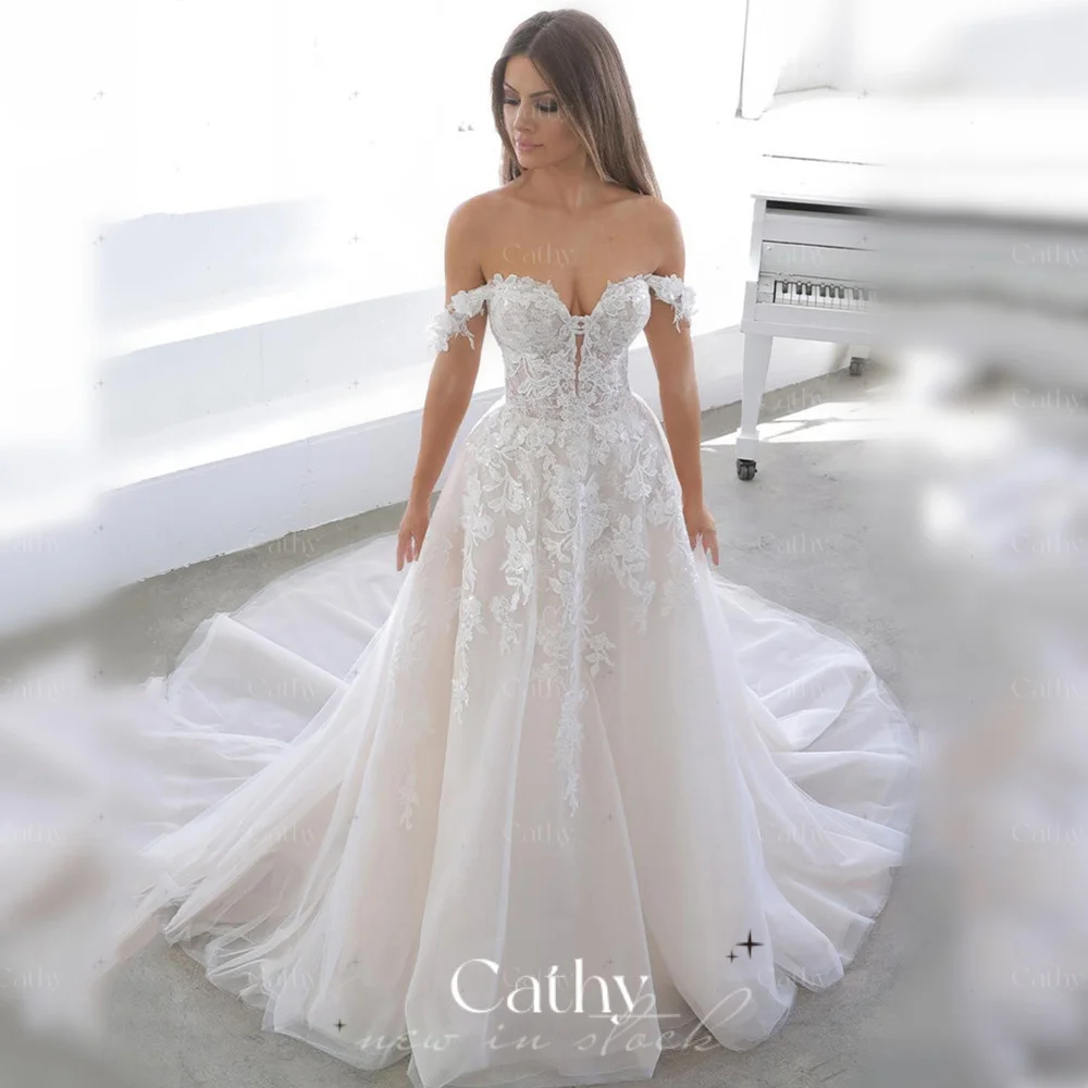 

Grace Lace Embroidery Wedding Dresses For Women 2022 Bride Off The Shoulder Wedding Gown Romantic A-line estidos De Novia
