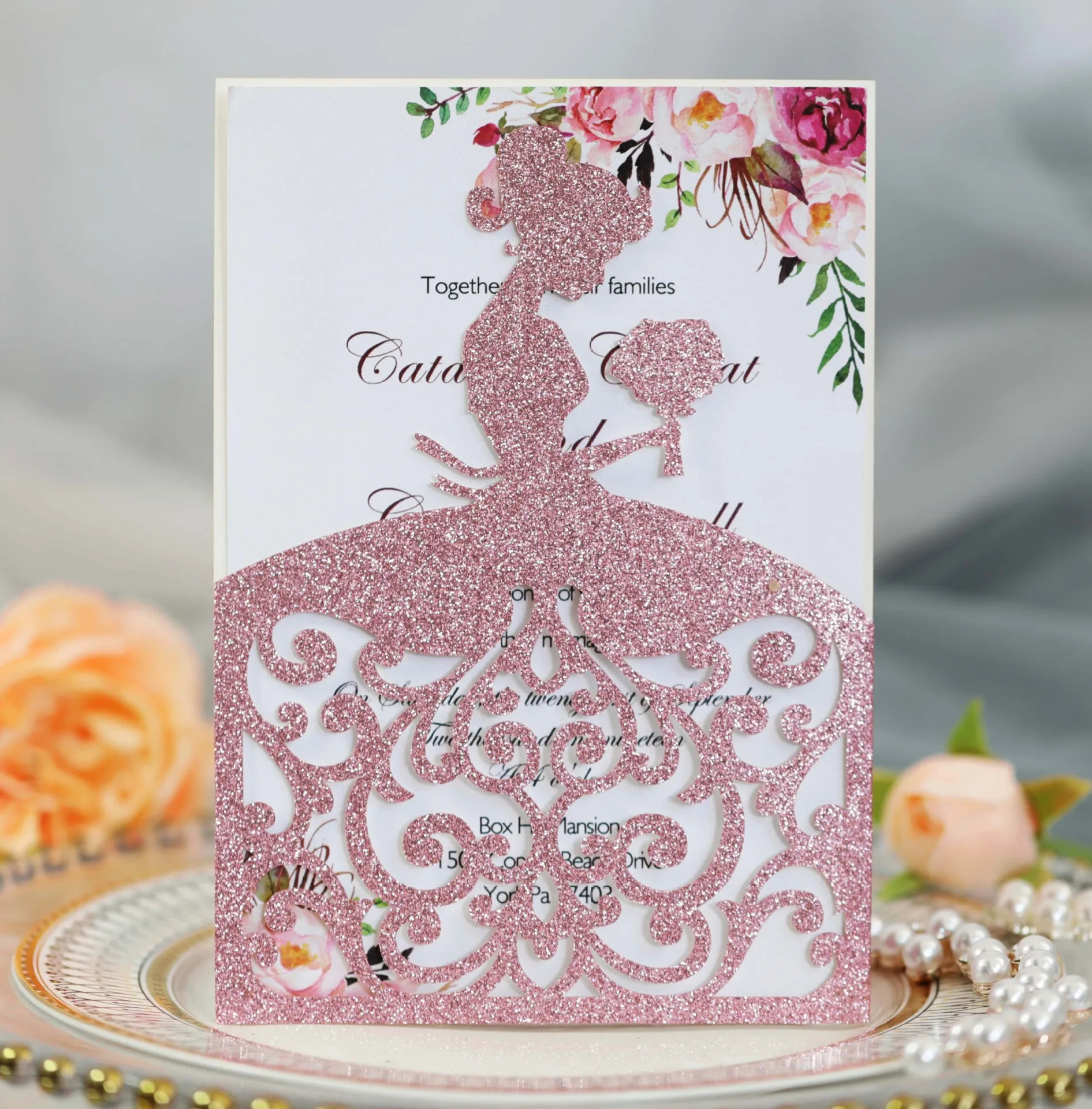 

10pcs Shining bride wedding Flower Invitation Card Envelopes Personalized Wedding Card Mariage Birthday Baptism Party Supplies