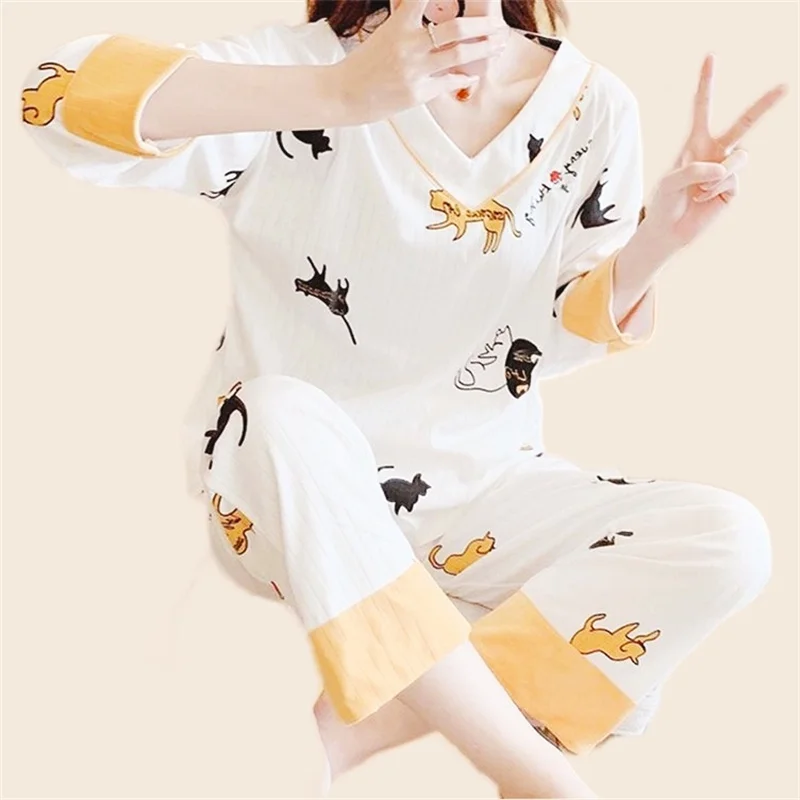 Women's Pajamas Set Cartoon Short Sleeve T-shirt Long Pants 2Piece/Set Summer Casual Pyjama Big Size Mom Cozy Cute Homewear