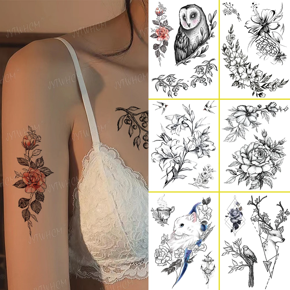 

Black Flower Temporary Tattoos Sticker Arm Sleeve Rose Owl Cute Cat Sketch Henna Body Decorate Realistic Art Fake 3D Women Totem