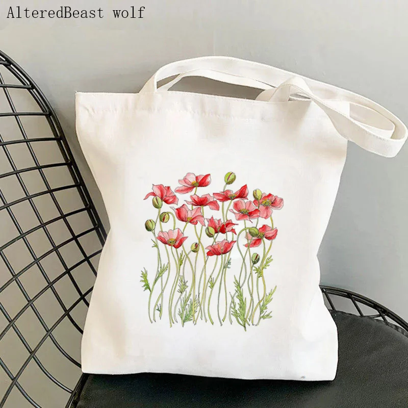 

Women Shopper bag Red Poppies Cosmos Flowers Kawaii Bag Harajuku Shopping Canvas Shopper Bag girl handbag Tote Shoulder Lady Bag