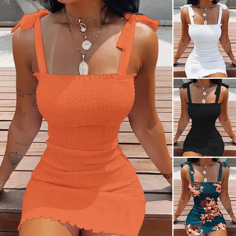 

2023 New Women Elastic Waist Pleated Dress Summer Sleeveless Off The Shoulder Floral Print Bodycon Party Dresses