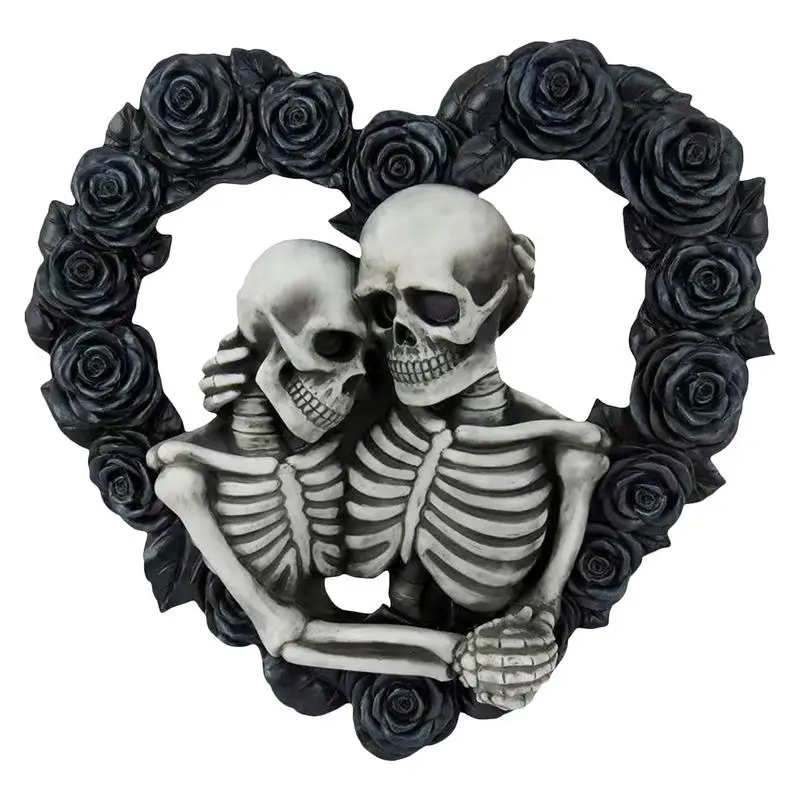 

Skeleton Lovers Embracing On Black Rose Wreath Gothic Skull Couple Door Decor Embracing Heart Shaped Black Roses Wreath