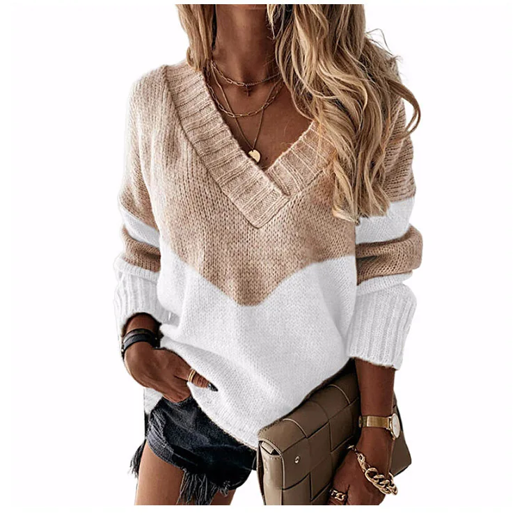 

Colorblock Long Sleeve V-Neck Knit Sweater Pullovers Long Sleeve Sweaters Pullovers Y2k White Sweater Streetwear Autumn Winter