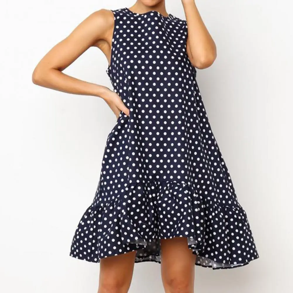 

Женское платье в горошек с оборками на подоле, стильное мини-платье без рукавов с круглым вырезом, модное свободное пляжное платье выше коле...