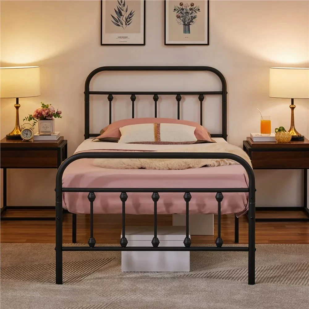 

Metal Platform Twin Bed with High Headboard, Black