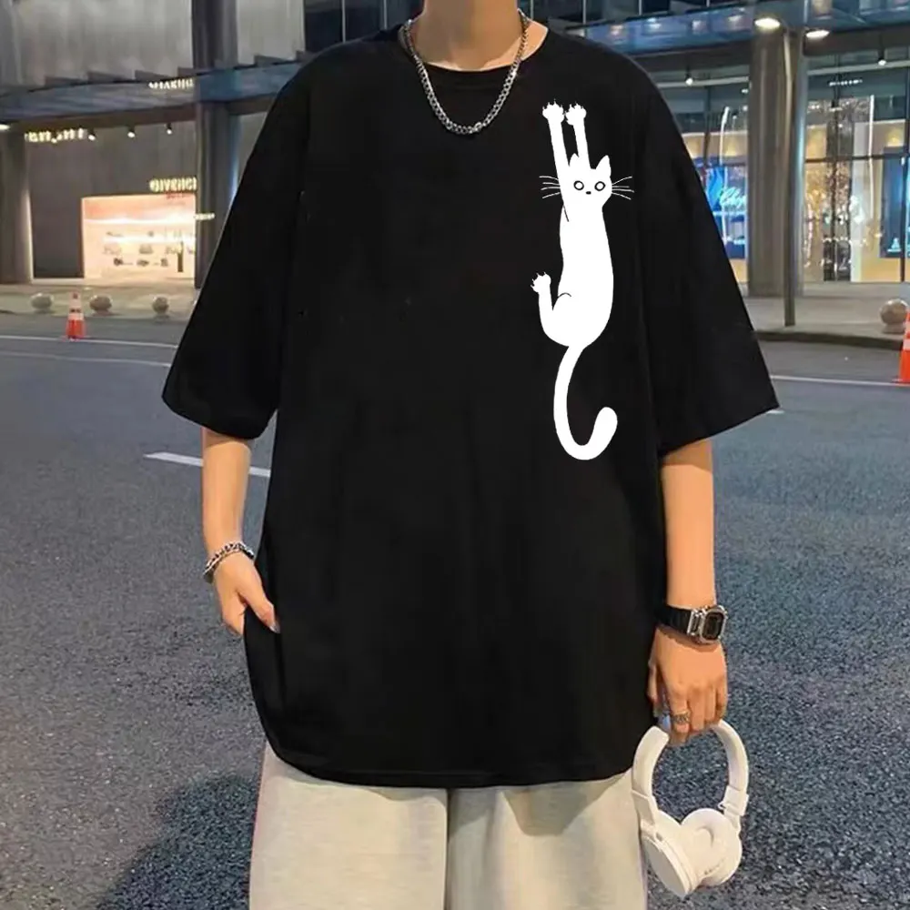 

Black Cat Holding on Tshirt White Cat Holding on Tees Kawaii Cute Fuuny T-shirt Regular Men Women Fashion Oversized T Shirt Tops