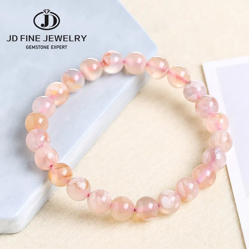 

JD Natural Cherry Blossom Agate Beaded Bracelets Women Elegant Sakura Flower Stone Crystal Healing Energy Bangles Jewelry Gifts