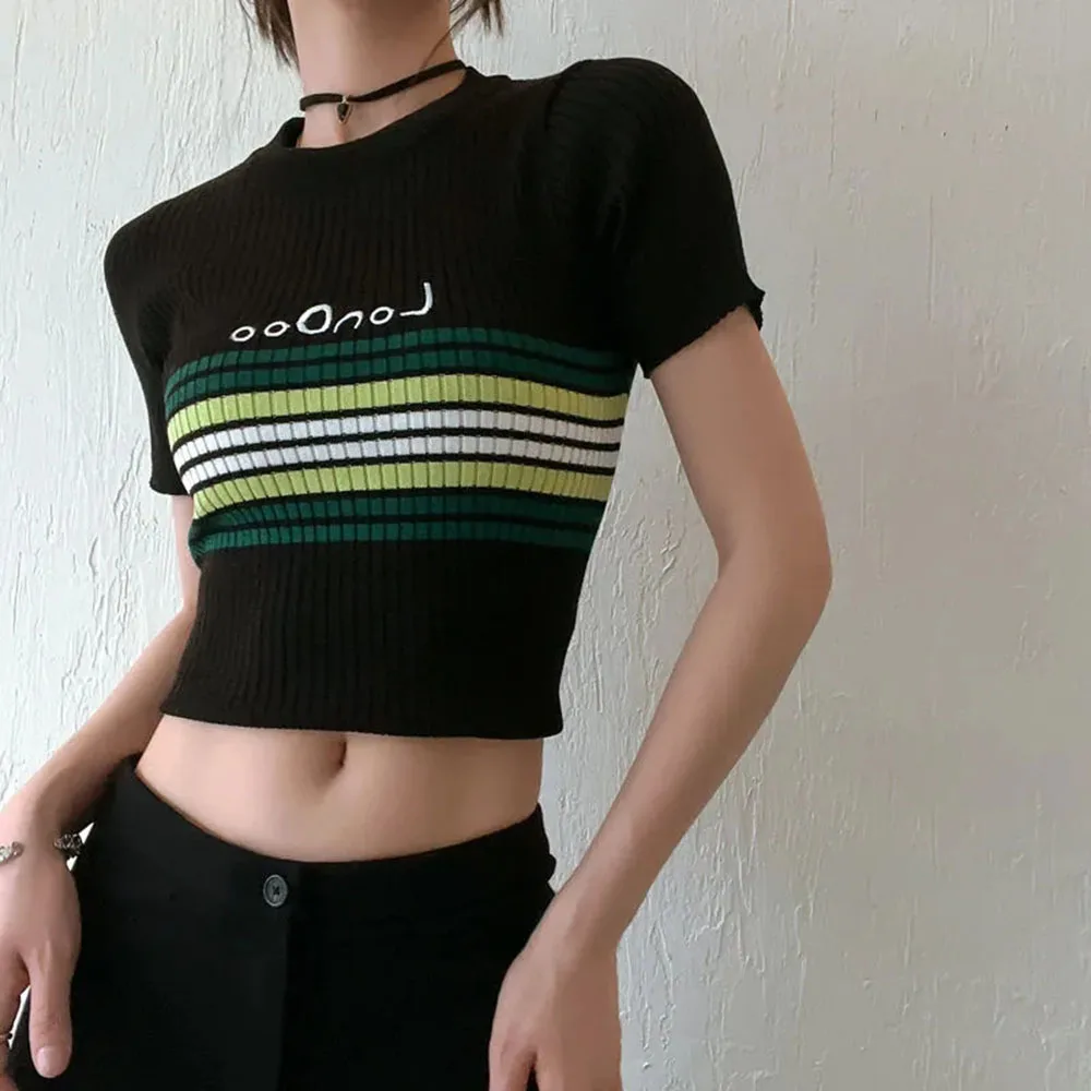 

Retro Black Striped Short Sleeve T-shirt Women's Summer Y2K Slim Cropped Tops Sexy Hot Girl Streetwear Chic Tees Ladies 2023 New