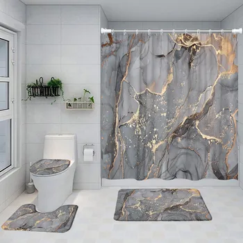 Gray Golden Crackle Marble Shower Curtain Set Modern Creative Marble Texture Fabric Bathroom Decor Curtain and Non-Slip Bath Mat