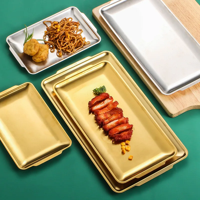 

Korean-style 304 Stainless Steel Plate Rectangular Plate Golden Tray Craft Ornaments Barbecue Plate Western Snack Plate