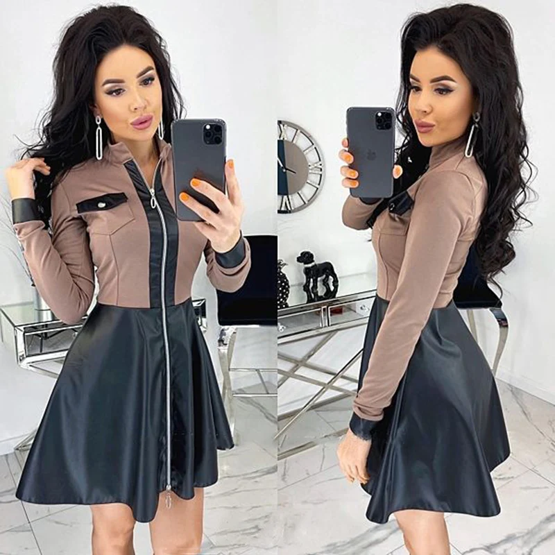 

Autumn 2022 New Sexy Elegant A-line Office Women's Dress Casual Zipper High Street PU Leather Women Short Dress Slim Plus Szie