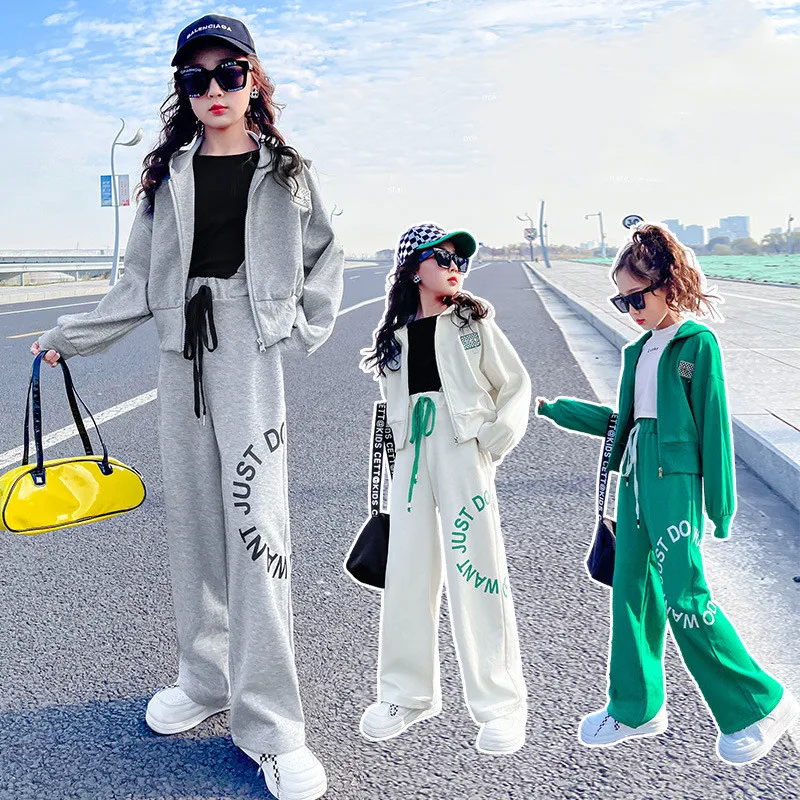 

Kids Sport Clothes Girls Spring Hoodies Suits Children Outfit Teenage Short Zip Coat + Letter Pants Set Clothing Teenage Costume