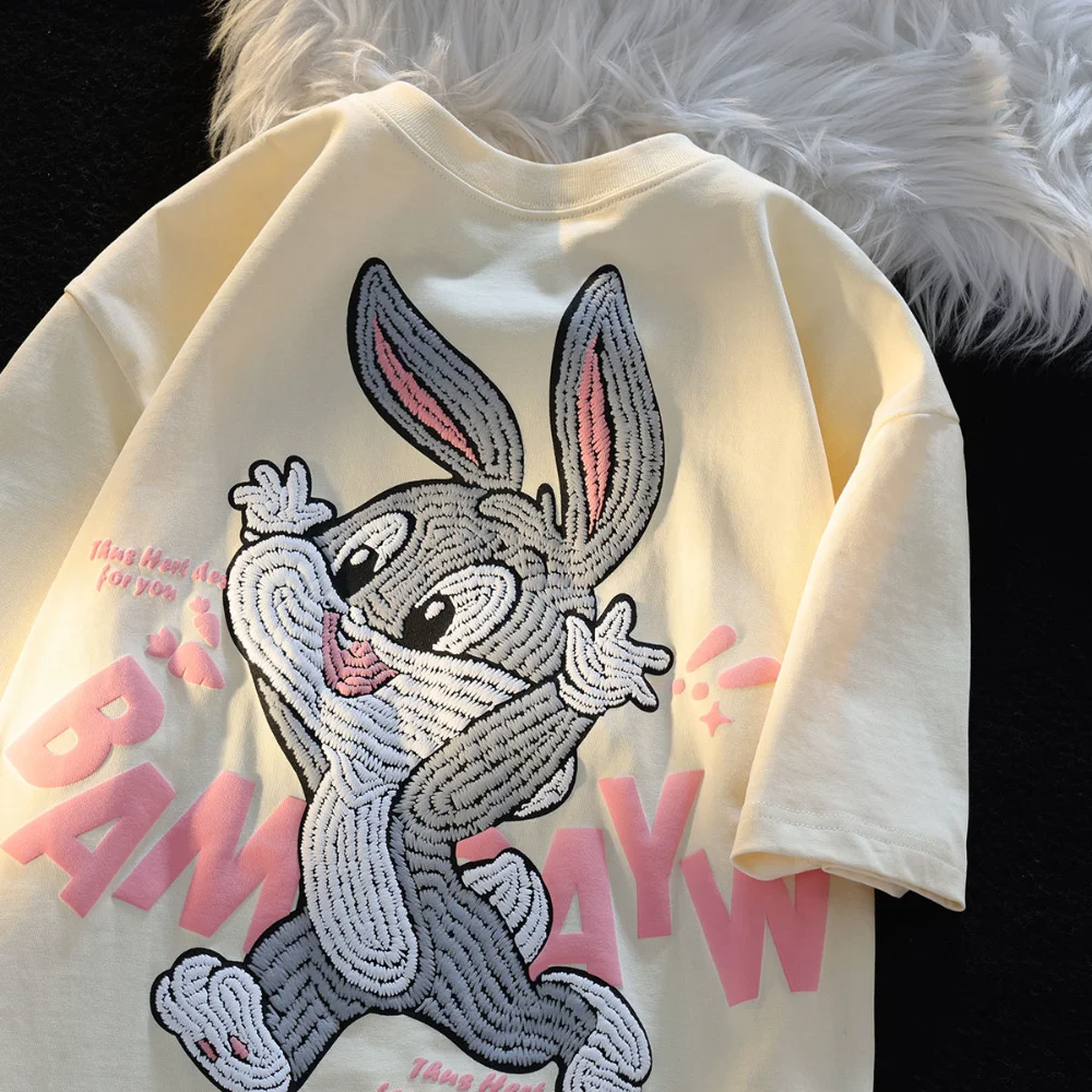 

Vintage Run Rabbit Cute Cartoon T Shirt Streetwear Couples Oversized Loose Summer Cotton Tops Harajuku Students Kawaii Clothes