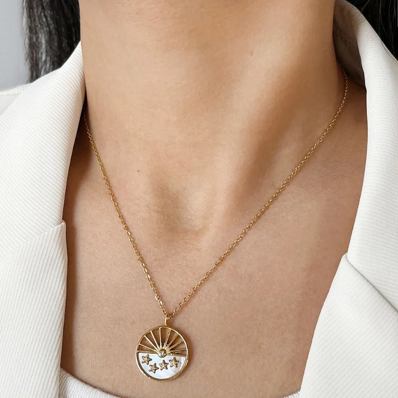

Minar Exquisite White Natural Shell Hollow Round Coin Pendant Necklace for Women 316L Stainless Steel Star Sun Chokers Necklaces