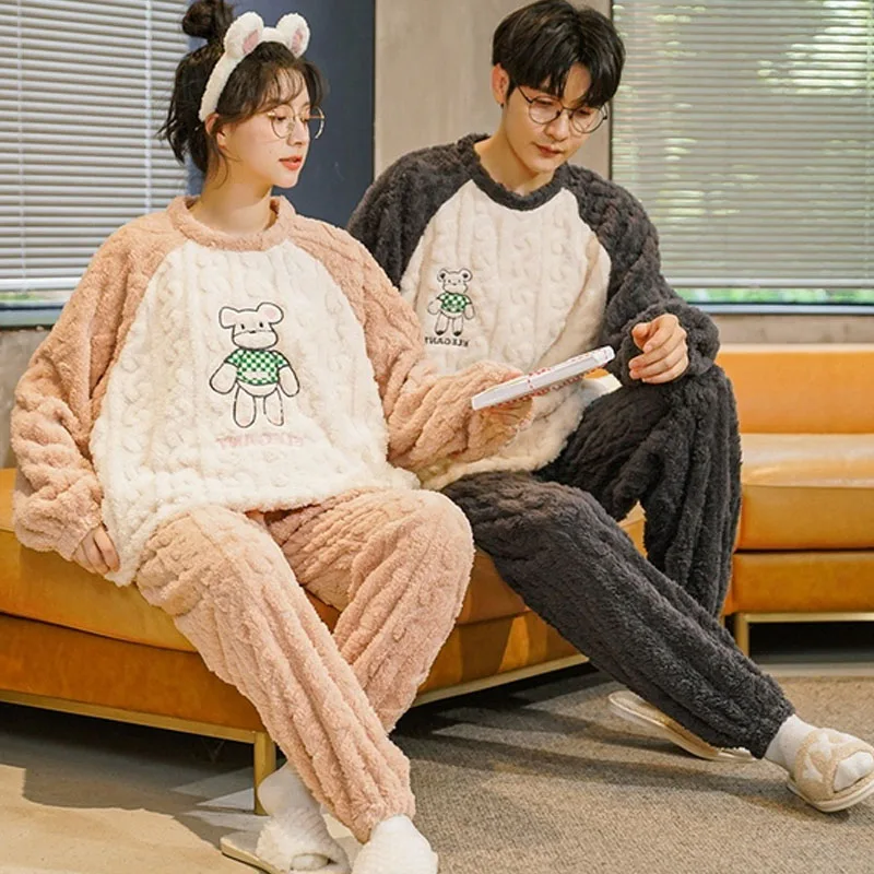 QUHENG 2022 Flannel Men Pajamas for Suit Women Autumn Winter Long Sleeved Thick Warm Sleepwear Couple Casual Home  Clothing