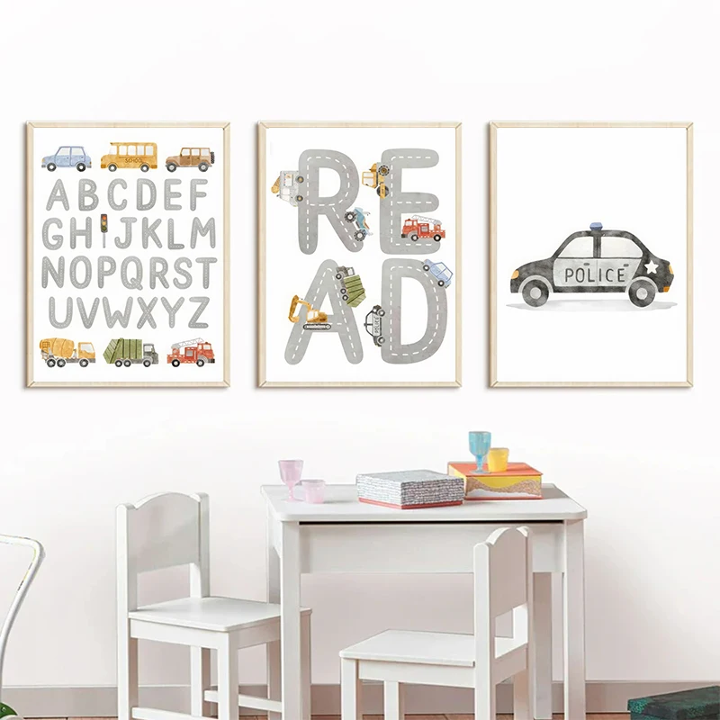 Алфавит такси пожарная машина автобус настенные художественные плакаты принты