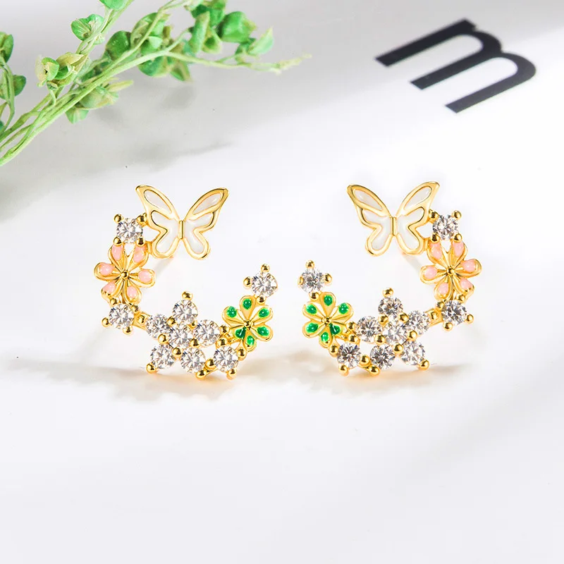 Cute Exquisite Flower Round Stud Earrings For Women Butterfly Star Crystal Versatile Earring Jewelry Female Wedding Earring Gift
