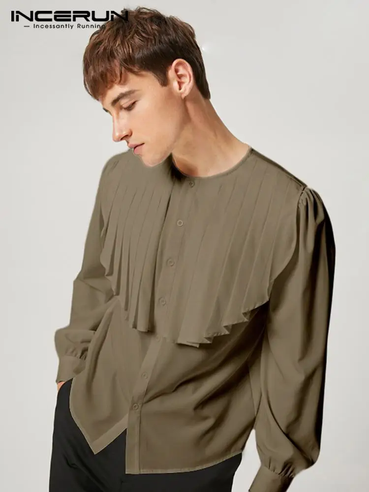 

Casual Well Fitting Tops INCERUN New Men Pleated Collarless Well Fitting Blouse Solid Comfortable Male Long-sleeved Shirts S-5XL