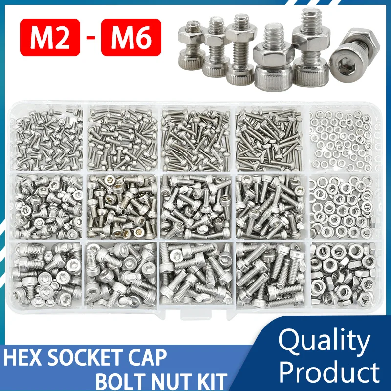 

M2 M3 M4 M5 M6 Nuts Bolts Set 304 Stainless Steel Metric Threaded Hex Socket Cap Head Hexagon Machine Screws Nut Kit Allen Bolt