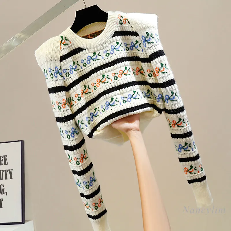 

Модный дизайнерский пуловер с наполнителем на плечах и круглым вырезом, свитер, женские облегающие Короткие пуловеры с контрастным принтом...