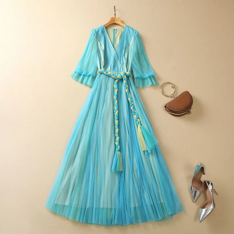 European and American women's clothes 2023 spring new v-neck Blue twist belt with seven-point sleeves Fashion Dress XXL
