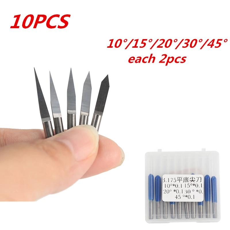 10Pcs V Shape Flat Bottom Carbide PCB Engraving Bits 3.175mm CNC Router Bit 10/15/20/ 30/45 Degree Milling Cutter Tools