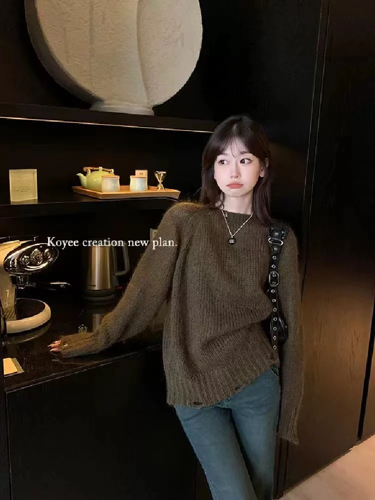 Модный простой однотонный вязаный свитер винтажные пуловеры с круглым вырезом и