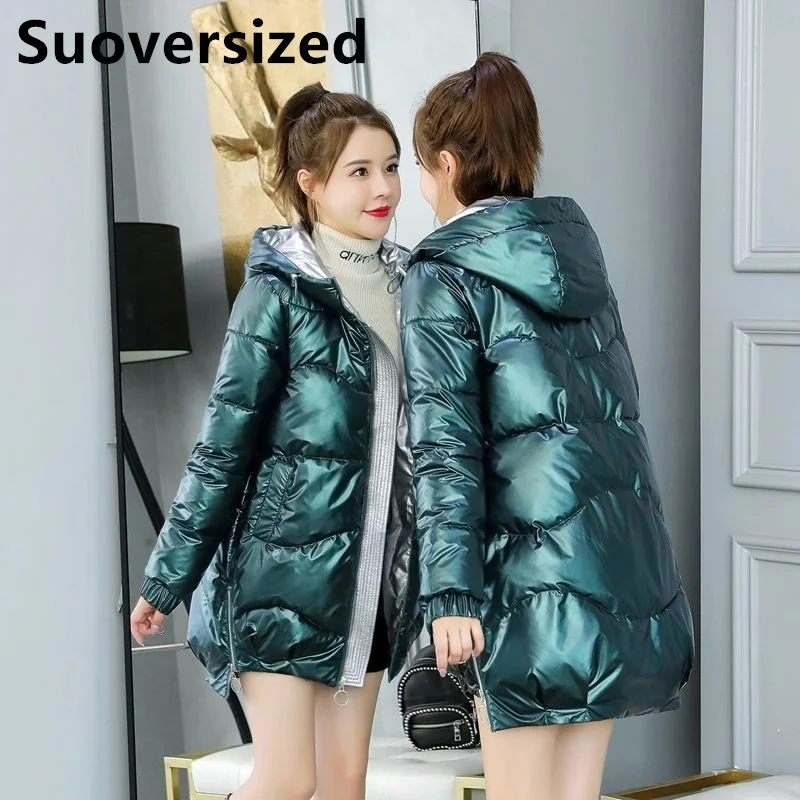 

Glossy Hooded Mid-lenght Cotton Padded Parkas For Women Winter Casual Thick Warm Windproof Coats Korean Baggy Oversized Jackets