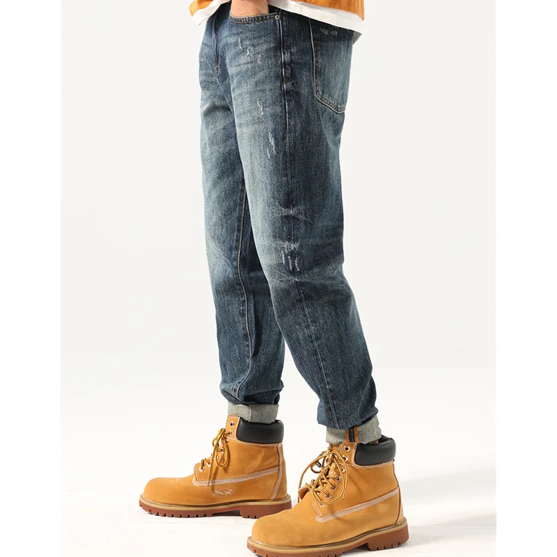 Streetwear Men 2022 New Pattern Vintage Recreational Blue Pants Straight Cylinder Comfortable Loose Hole Jeans Autumn Female