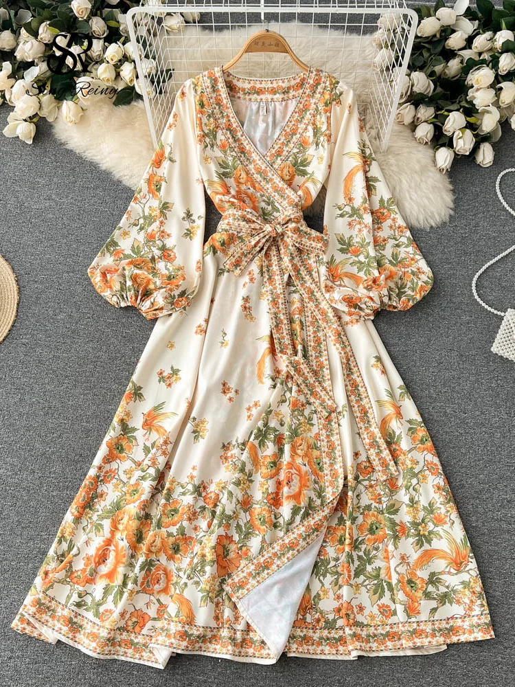 

LIRUICHENG Spring Women Vintage Long Dress V Neck Long Sleeves Sashes Bohemian Retro Dress Fashion Ladies Floral Print Maxi