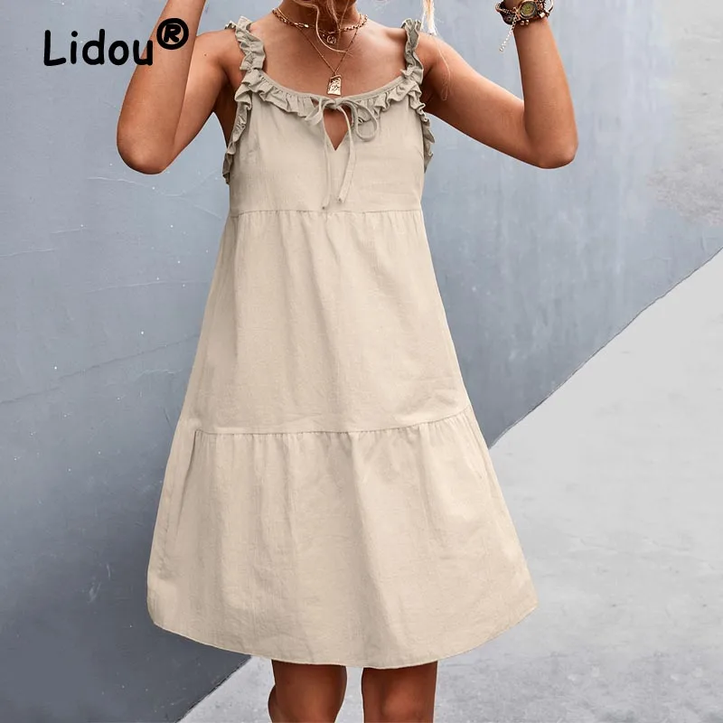 

2022 Summer Vacation Women's Ruffles Sexy Backless Loose Beach Mini Dress Casual Lace Up Sleeveless Dresses Female Clothing Robe