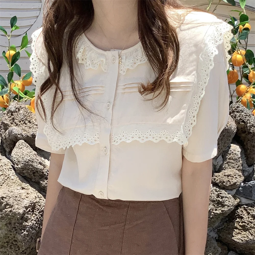 

HziriP 2022 Summer Lace Thin Stylish All Match Shirts Women Slim OL New Sweet Girls Gentle Chic Elegant Short Sleeves Tops