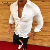 samlona plus size men single breasted tops model shirt long sleeve patchwork stripe blouse 2022 summer new casual shirt clothing