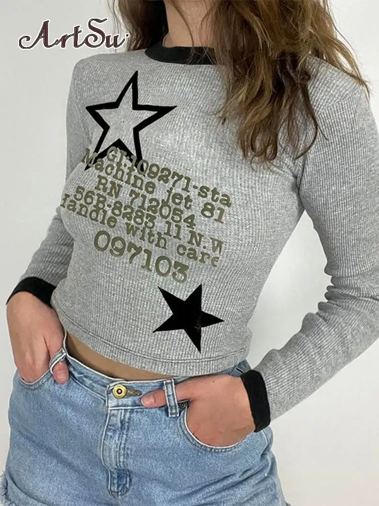 

Artsu принт со звездой ребристые повседневные винтажные женские 2022 Новые футболки контрастный дизайн с длинными рукавами тонкие базовые Осен...