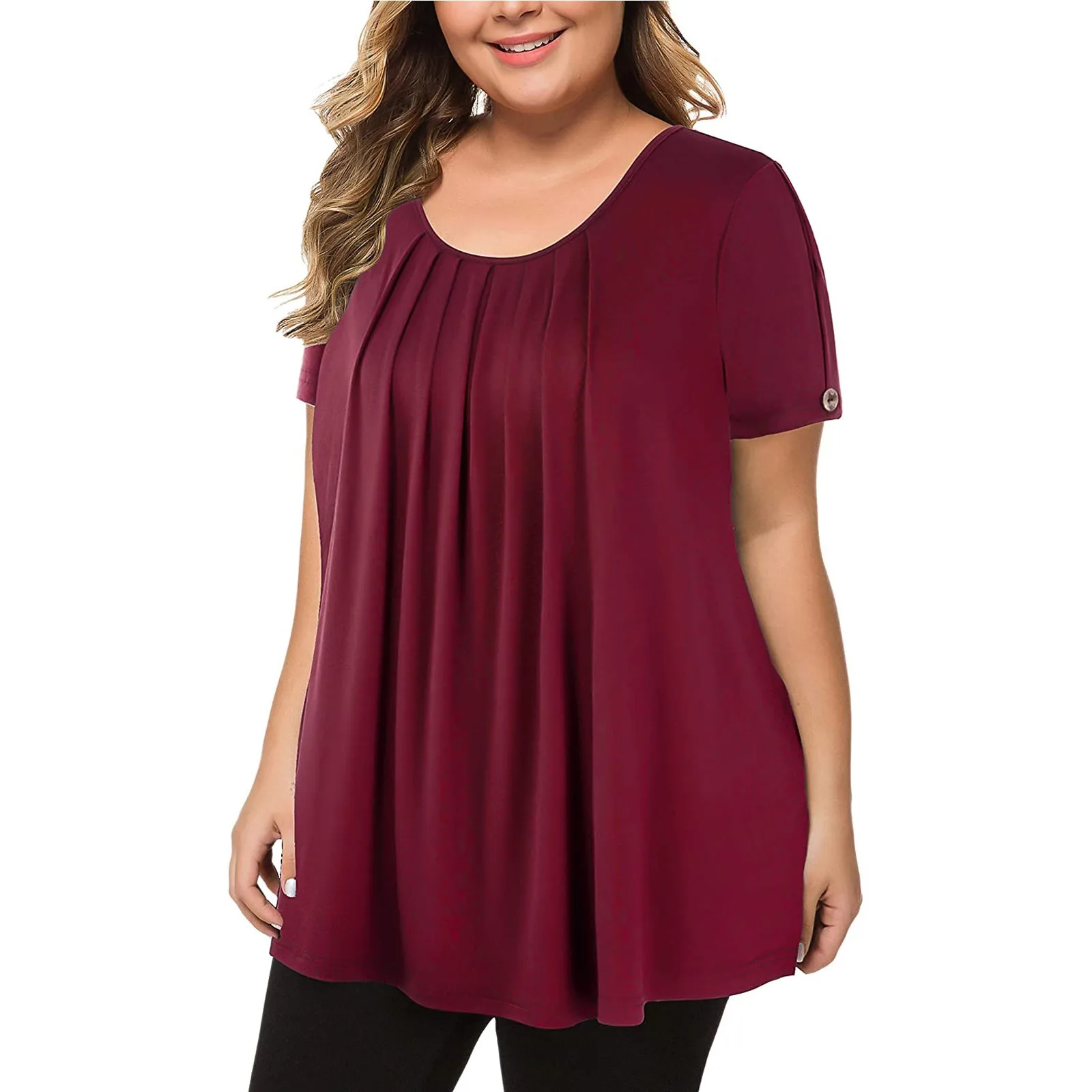 Plus Size Shirt Summer Woman Short Sleeve Casual Top Loose Female Pleated Blouse Tunic Solid Color Pullover Tops