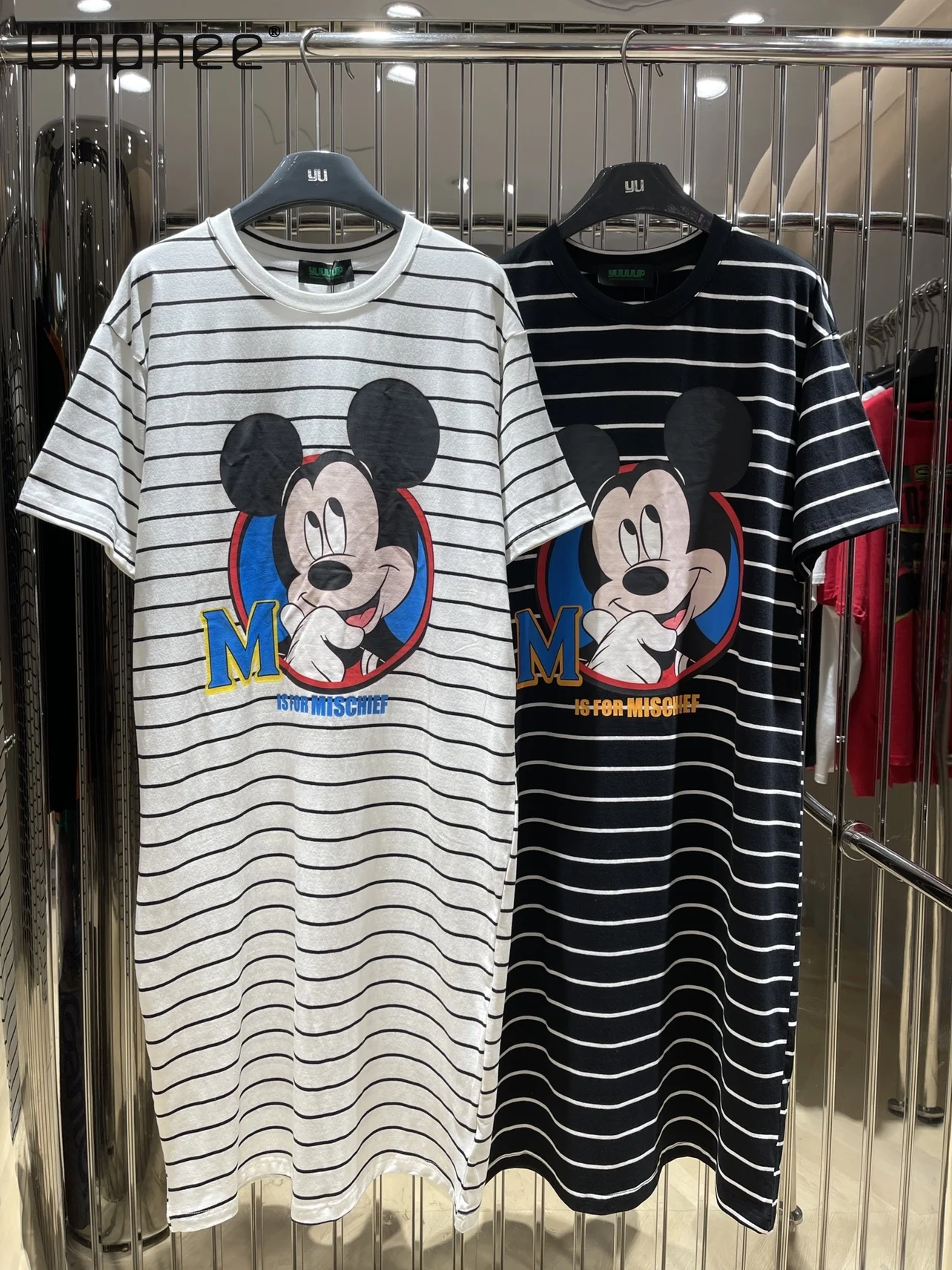 

Korean Style Striped Cartoon Printed Cotton T-shirt Female 2022 Summer New Loose Long Short-Sleeved Tee Women's T-shirt Dress