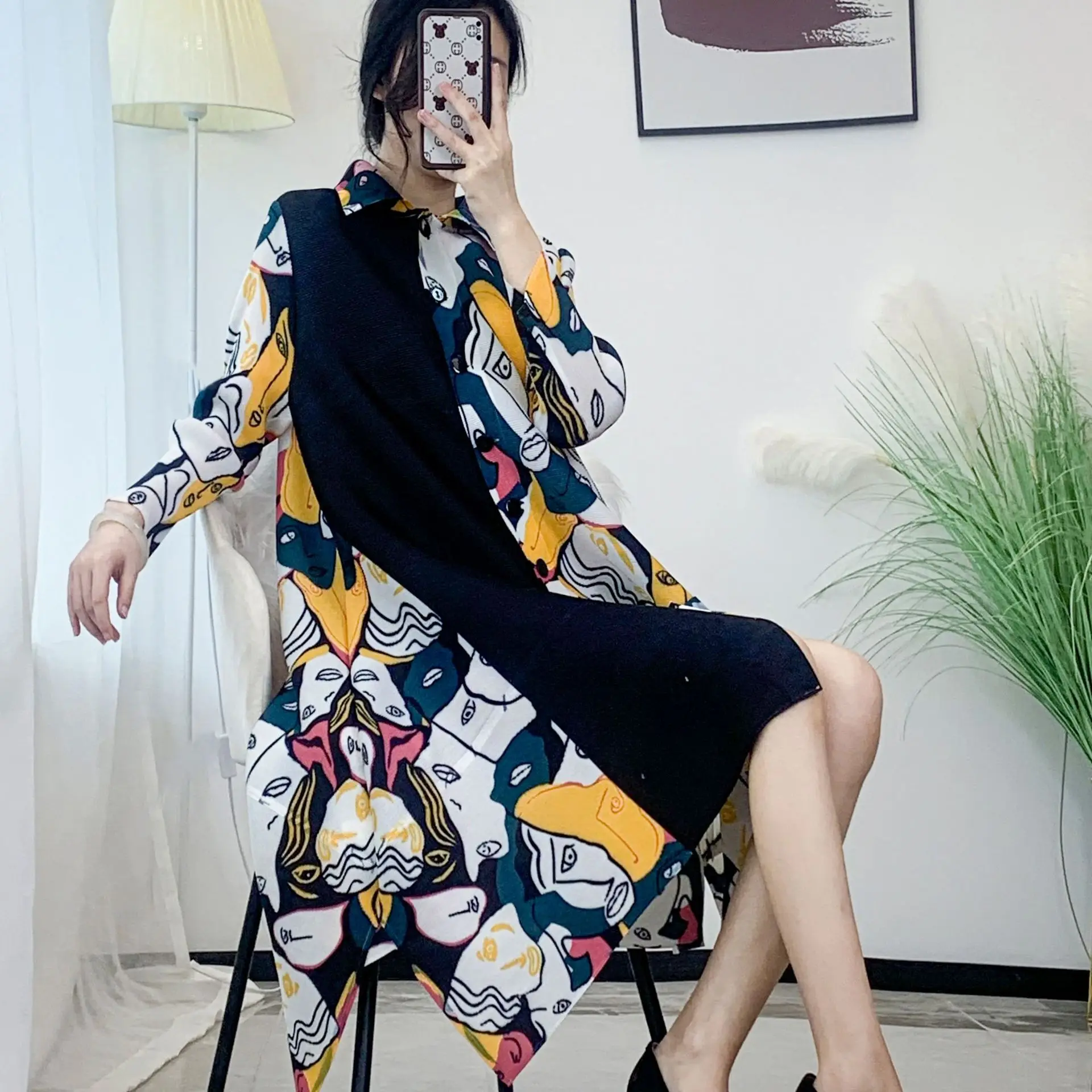 YUDX Miyake Pleated Dresses for Woman 2023 Summer Plus New Fashion Printed Cardigan Dress Temperament Loose and Thin MIDI Skirt