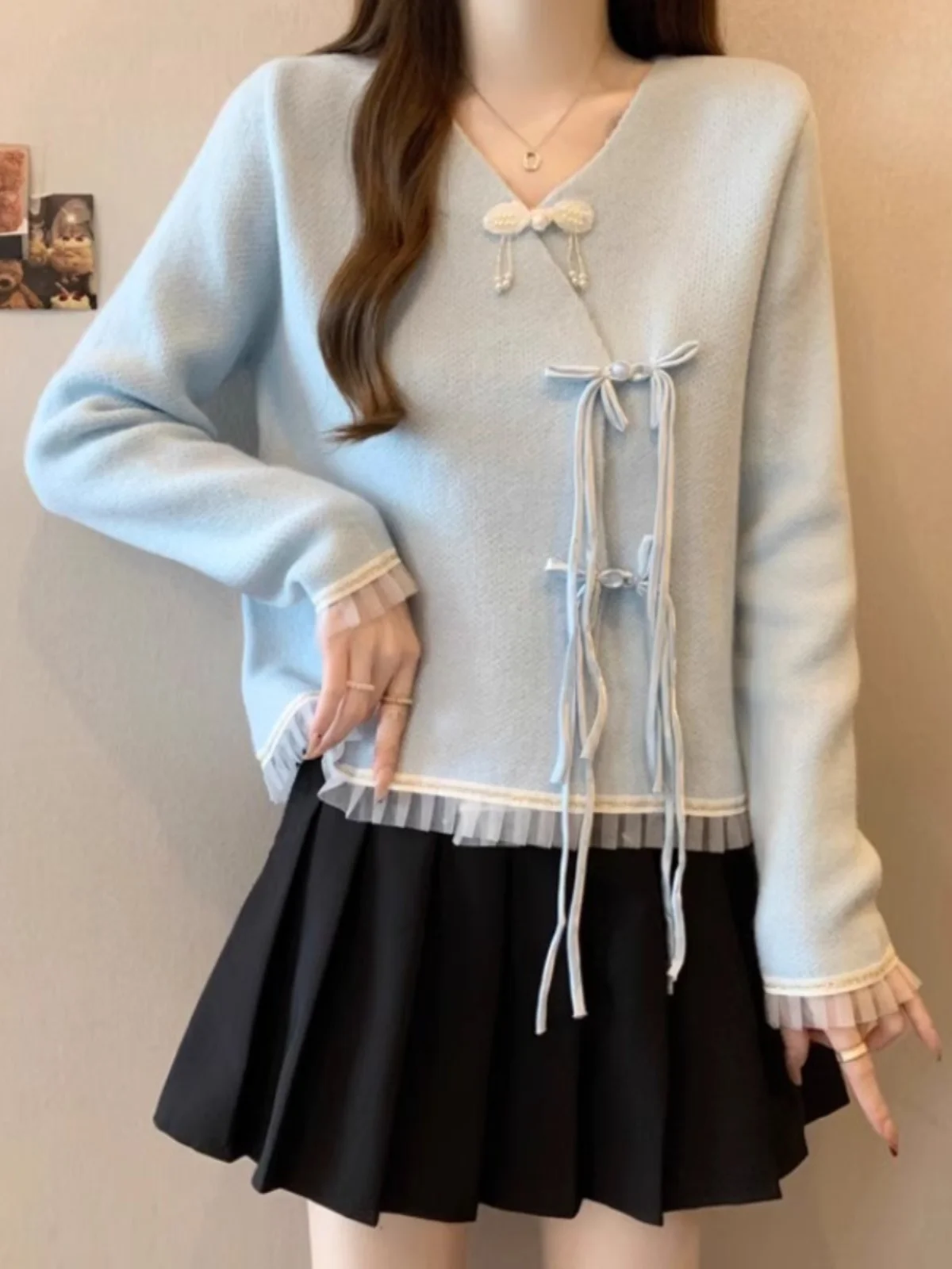 New Chinese Sle National V-neck Sweater Cardigan Outerwear Women Autumn and Winter Plus size Chubby Girl High-Grade S...