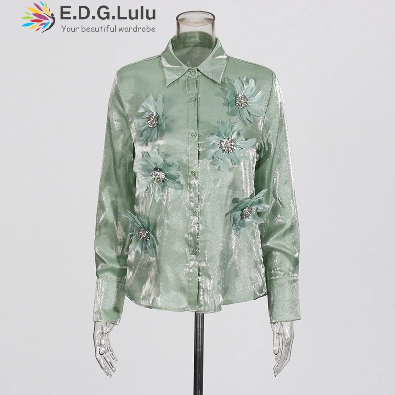 EDGLuLu зеленые блузки с отложным воротником женский дизайн офисная блузка 3d