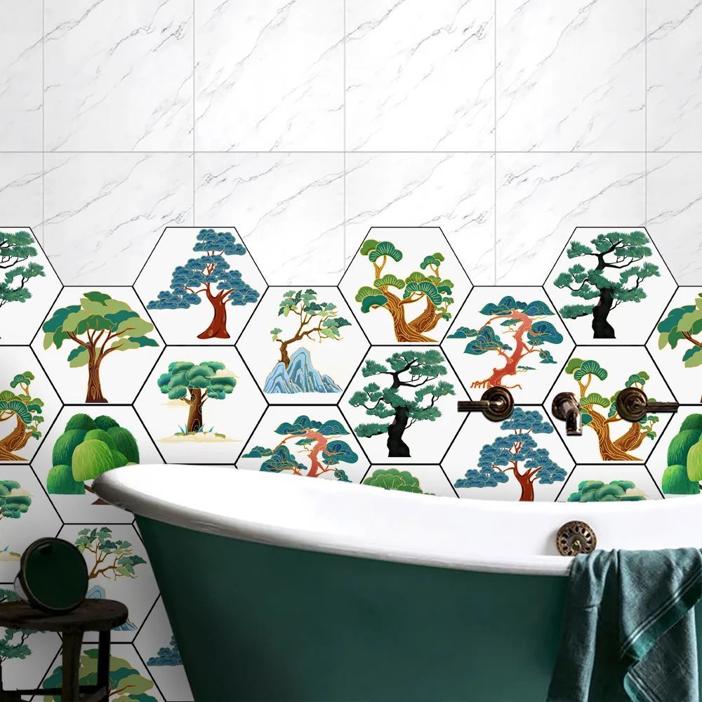 

10pcs Hand Drawn Pine Tree Hexagon Tile Floor Stickers Kitchen Bathroom TV Sofa Wall Home Decor Peel & Stick Art Wall Decals