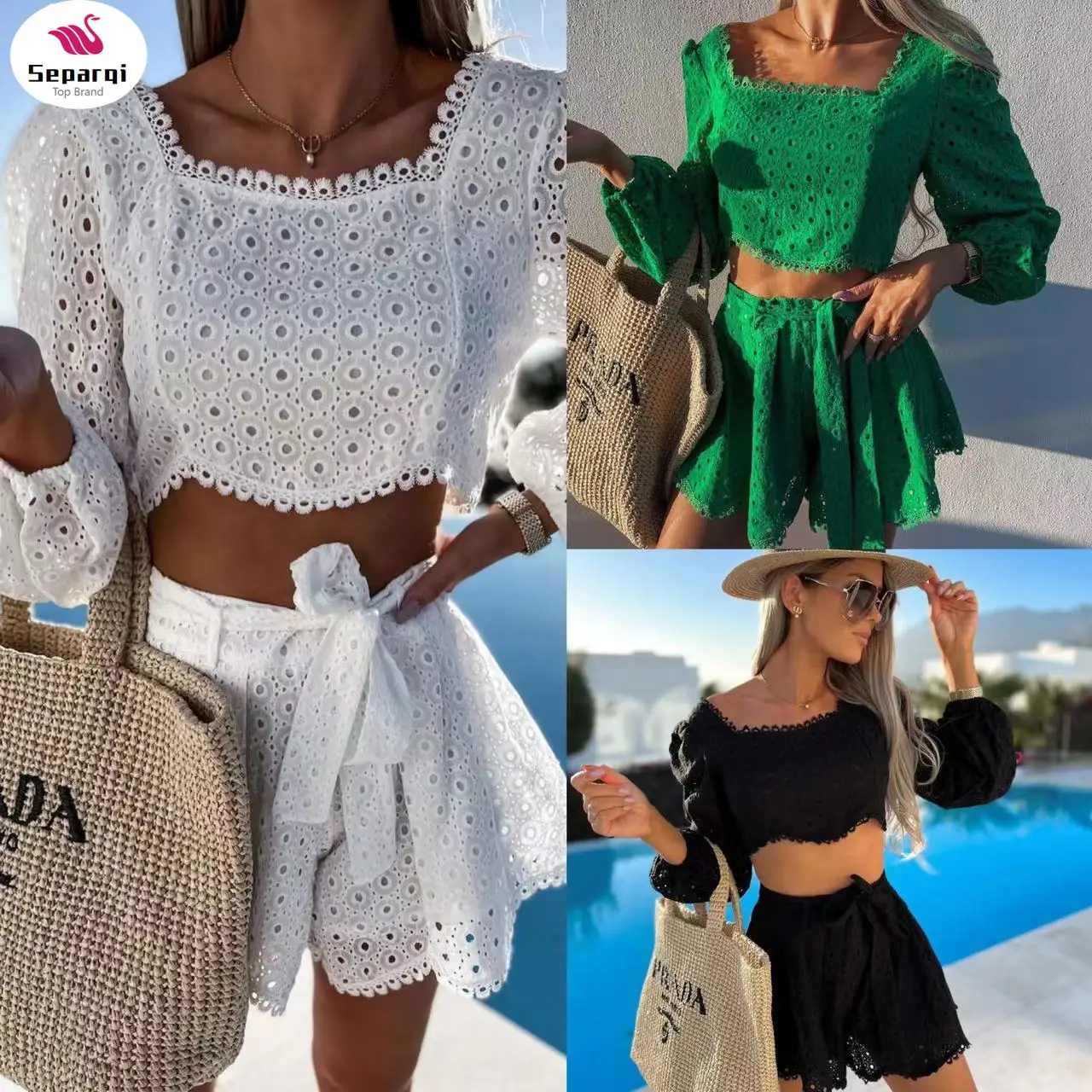 

Женский сексуальный пляжный костюм из двух предметов, кружевные шорты, короткий топ с квадратным вырезом и короткие брюки