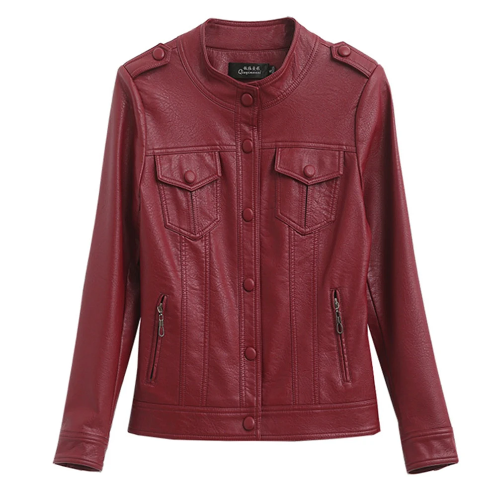 New Women Casual Leather Jacket Spring Autumn Fashion Small Stand Collar Slim Sheepskin Short Coat Biker Jacket Split Leather